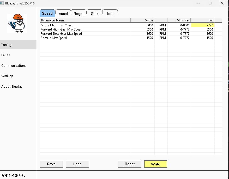 BlueJay tuning software UI for golf cart motor controller